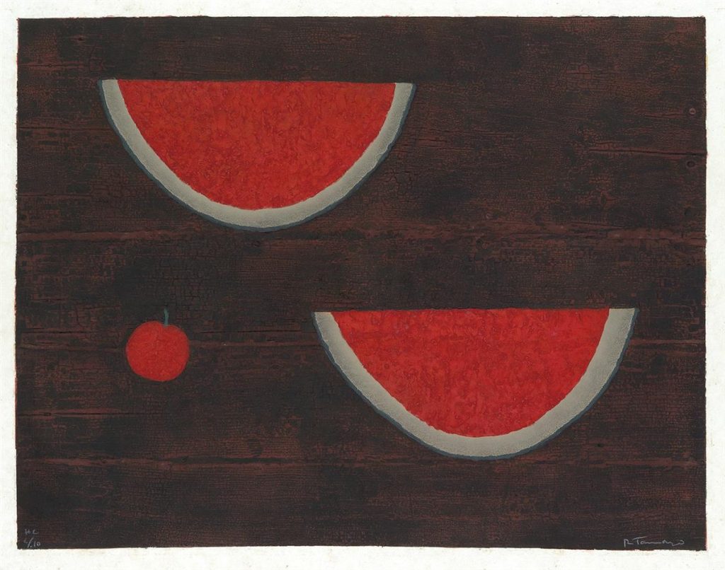 A mixografia print of two sliced watermelons and a small apple by Rufino Tamayo.