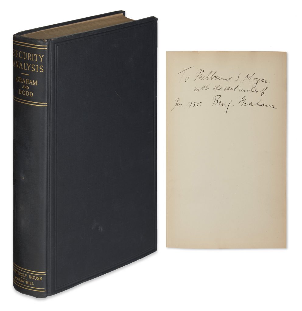 Plain black cover of "Security Analysis" by Benjamin Graham, shown with inscription page.
