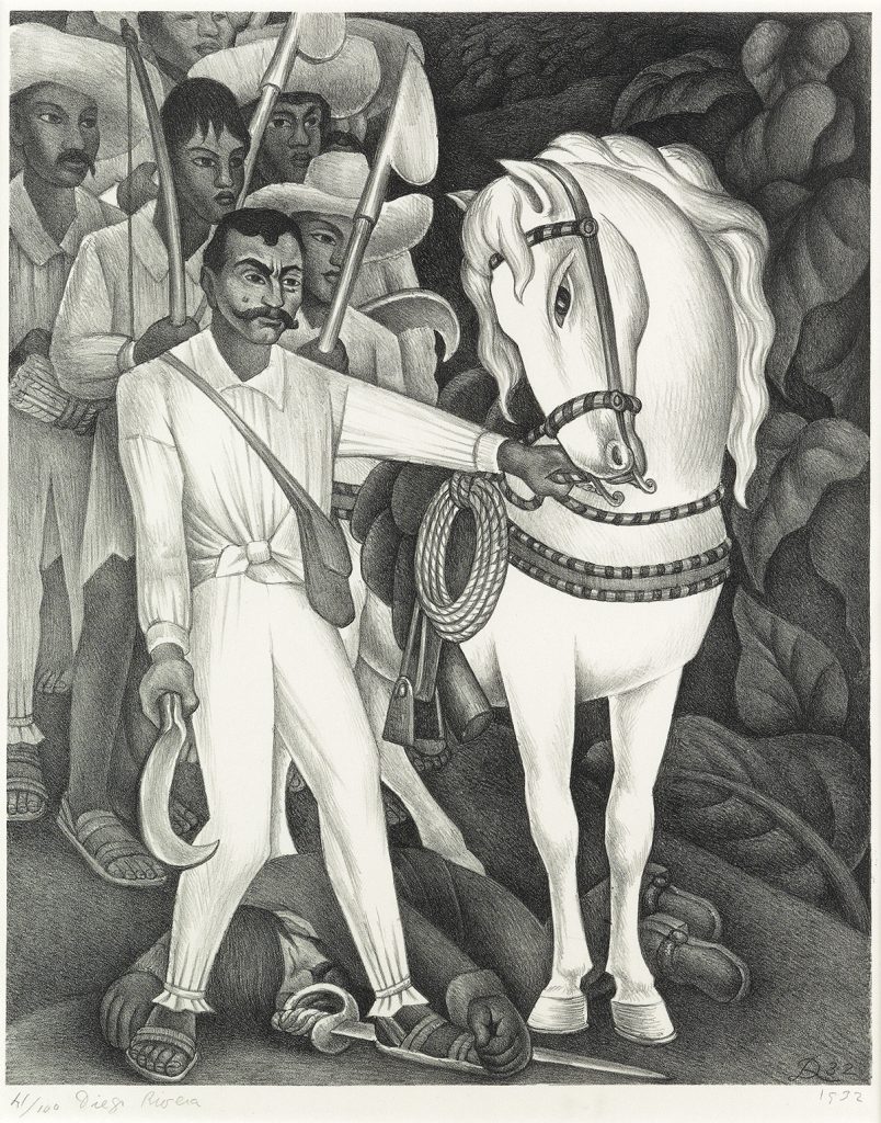 Black and white lithograph print of a soldier and a horse walking by Diego Rivera.