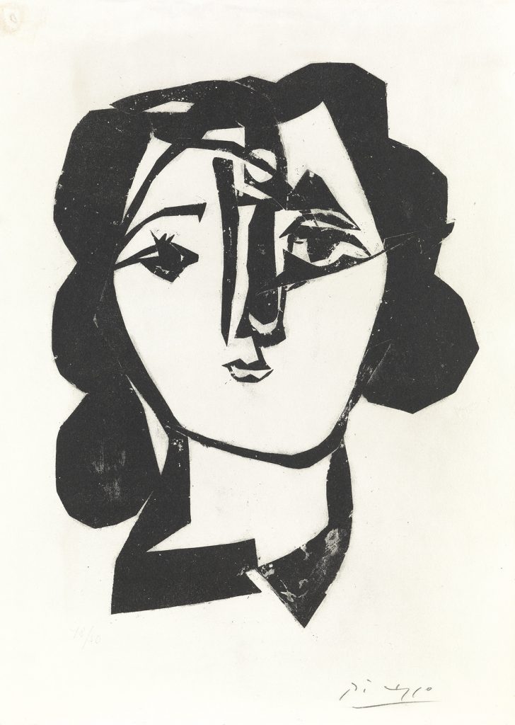 An abstract black and white lithograph of a woman by Pablo Picasso.
