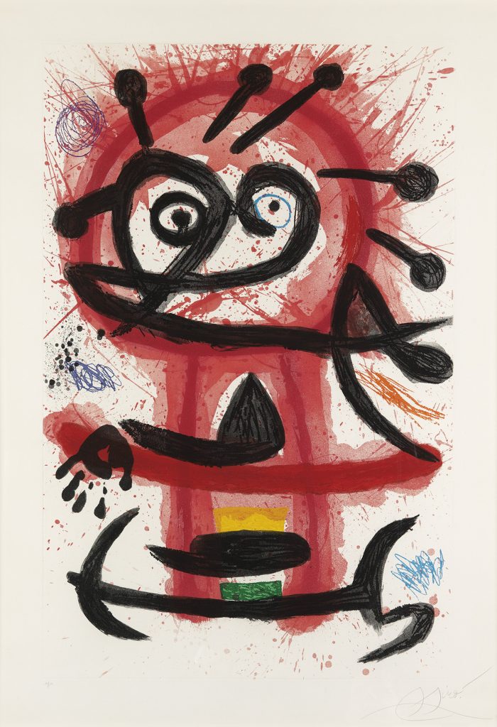 An abstract figure in red and black by Joan Miró.