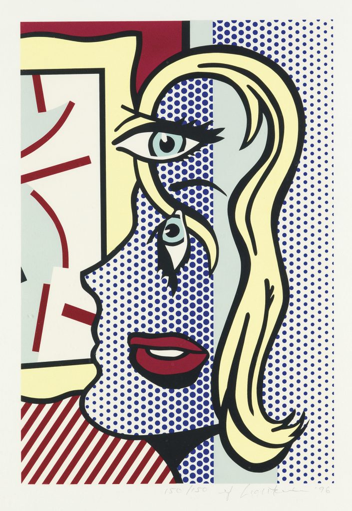 An abstract image of a woman in profile done in the style of a comicbook drawing by Roy Lichtenstein.