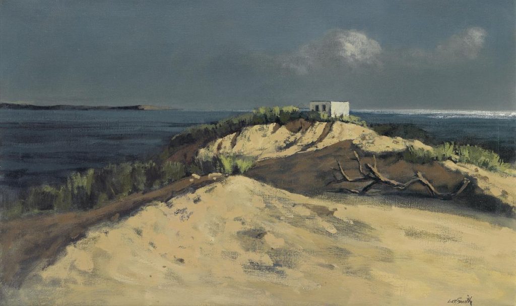 A painting of sand dunes with the sea in the background by Hugh Lee-Smith.