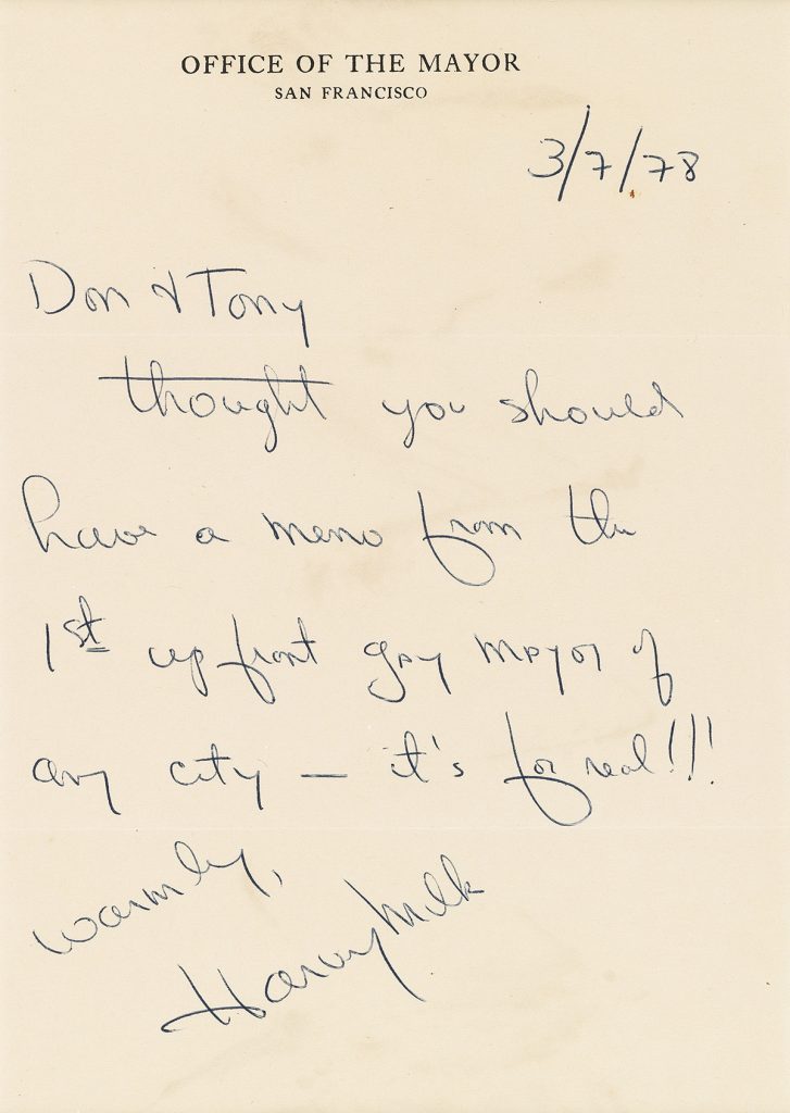 A letter written and signed by Harvey Milk on "Office of the Mayor of San Francisco" stationary.