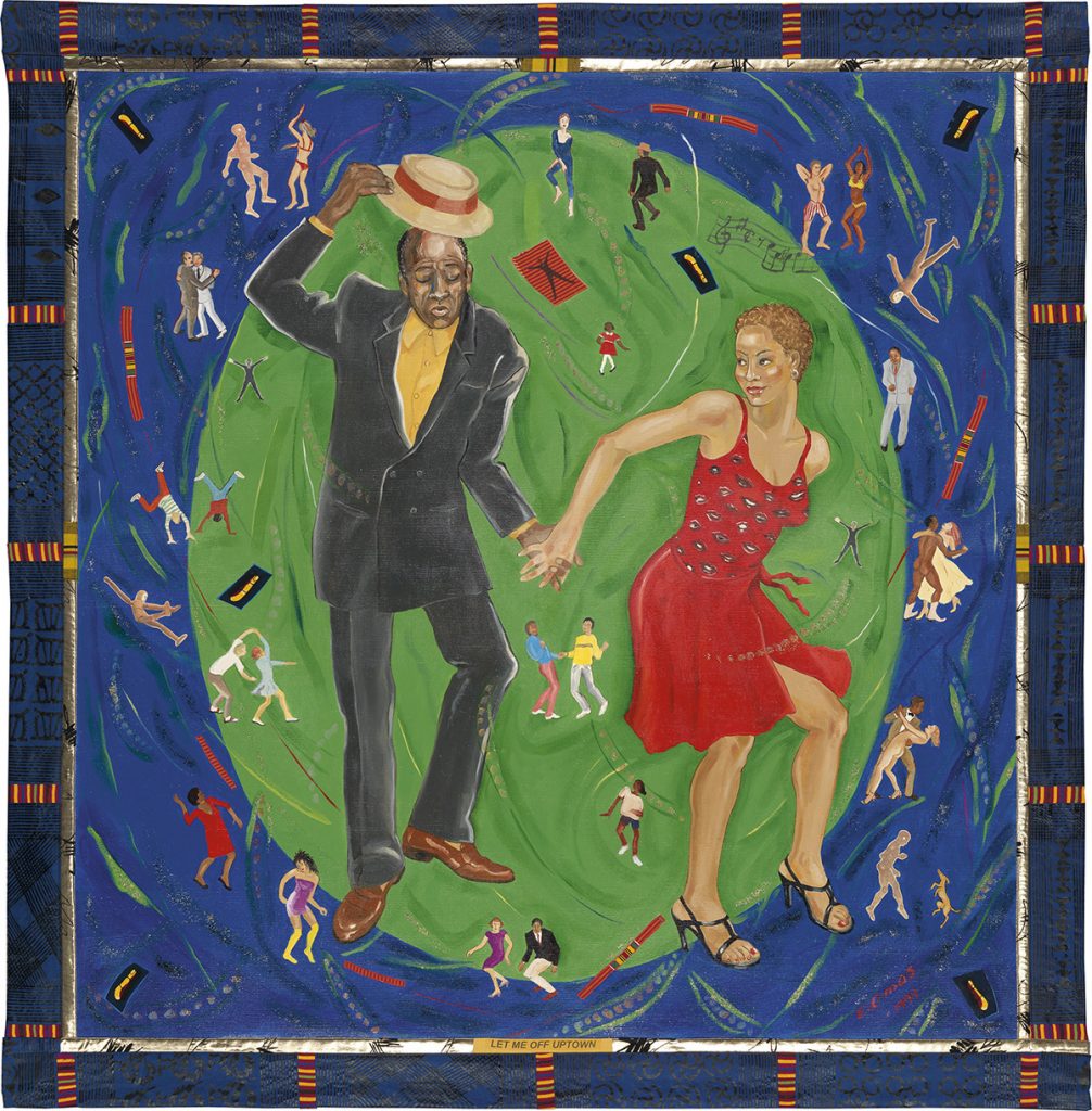 A painting on fabric of a young African American couple dancing by Emma Amos.