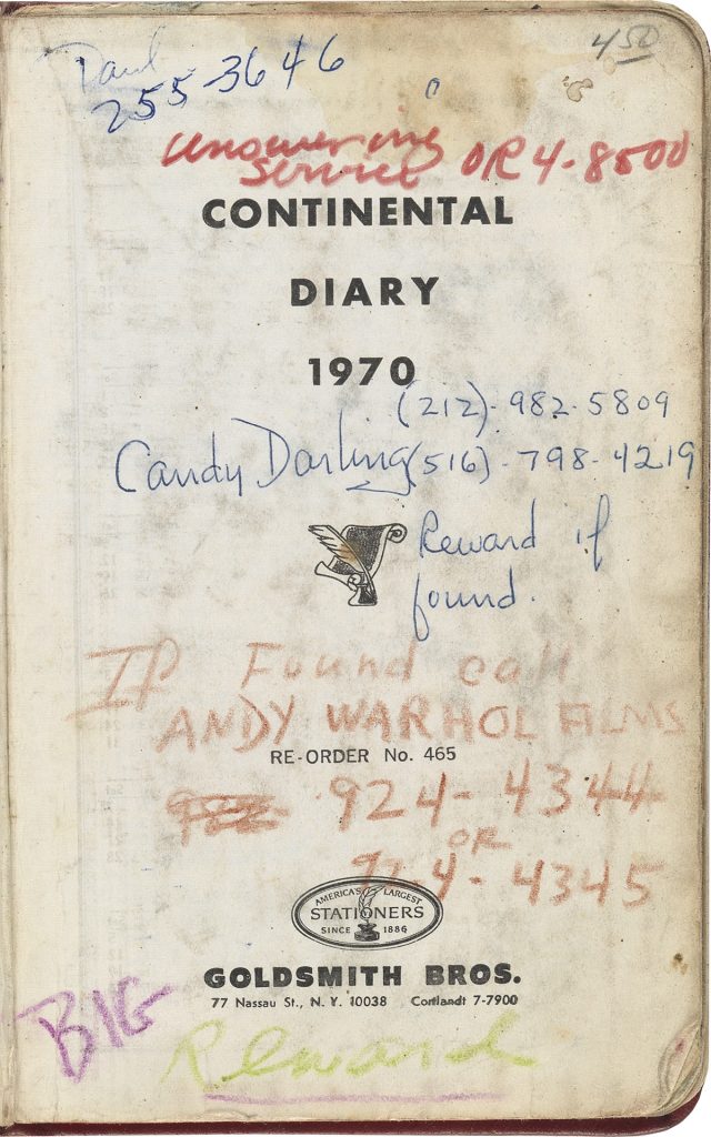 Title page of Candy Darling's datebook with scribbles and writings in crayon and pen. 