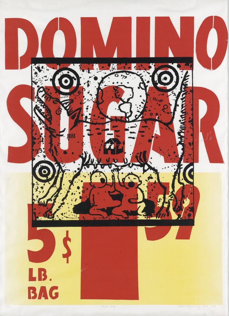 Image reading DOMINO SUGAR, 5LB BAG, $1:59 with an image of a dog and two children laid over top by David Wojnarowicz.