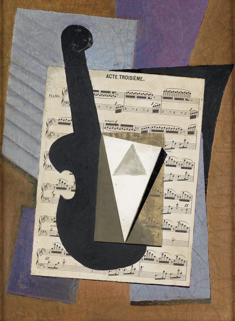 Abstract painting of a violin on top of sheet music by Suzy Frelinghuysen.