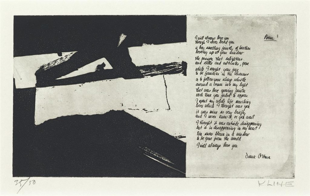 Franz Kline black and white print with writing. 
