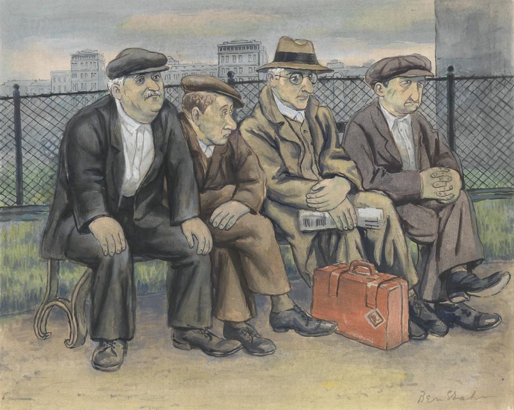 A cartoonish painting of four men sitting on a bench by Ben Shahn.