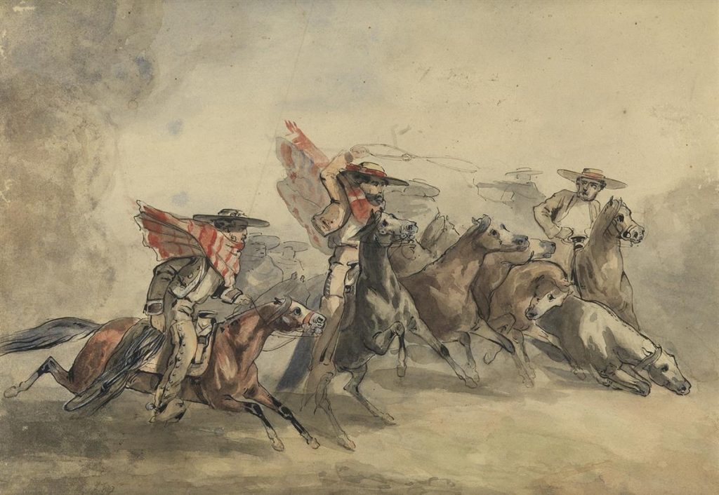 A watercolor scene of cowbys roping and lassoing horses.