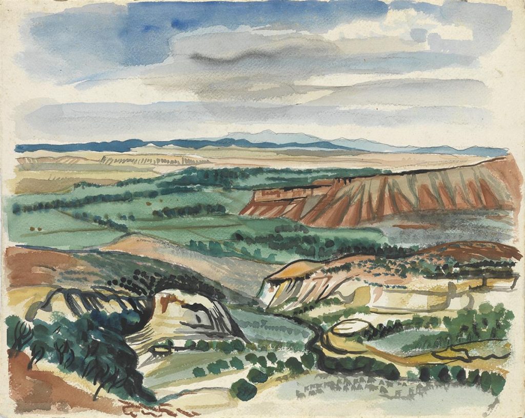 A loose watercolor scene of the southwest showing plateaus. 