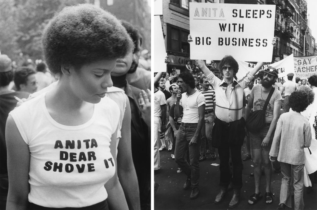 Two photographs of NYC Pride Parade goers in the 1970s protesting Anita Bryant.