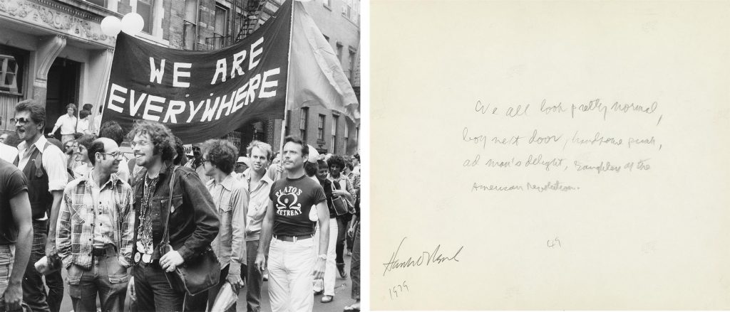 Photograph of parade goers at a NYC Pride parade with a sign that reads "We are Everywhere," shown with the annotation on the back of the picture by Allan Ginsberg.