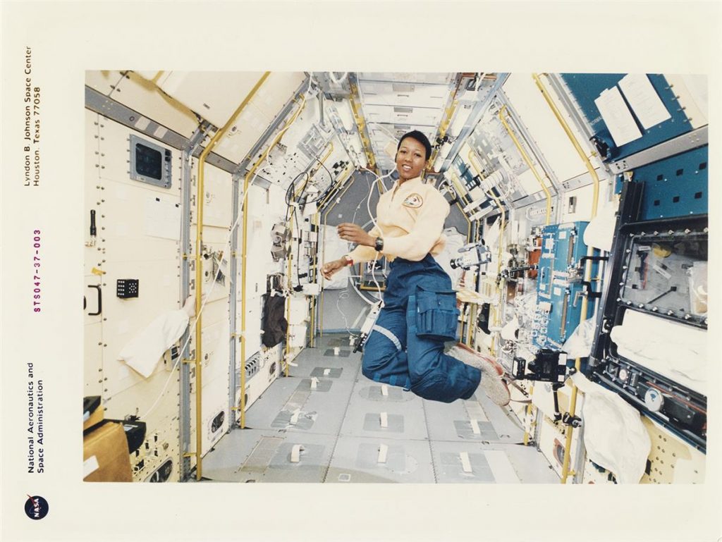 astronaut Mae Jemison floating in an anti-gravity chamber