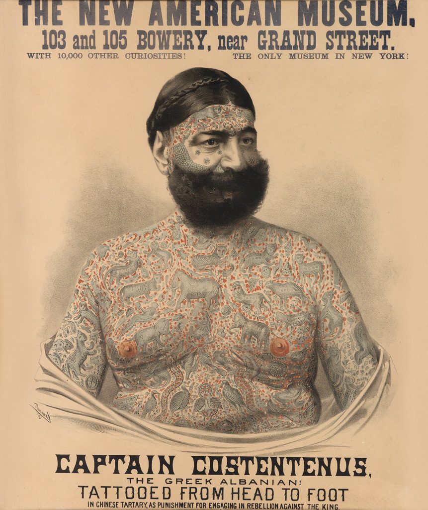 A poster of Captain Costentenus, a tatooed man from head to toe, for The New American Museum in 1876.