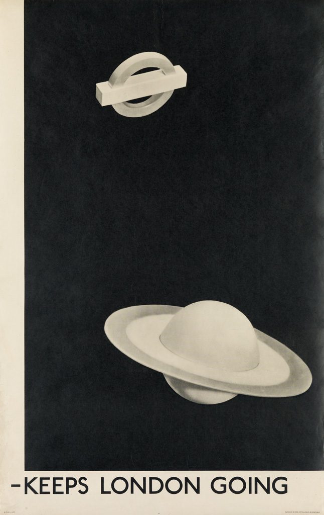 A black and white poster of the London underground symbol and Saturn with the words "Keeps London Going" across the bottom. By Man Ray.