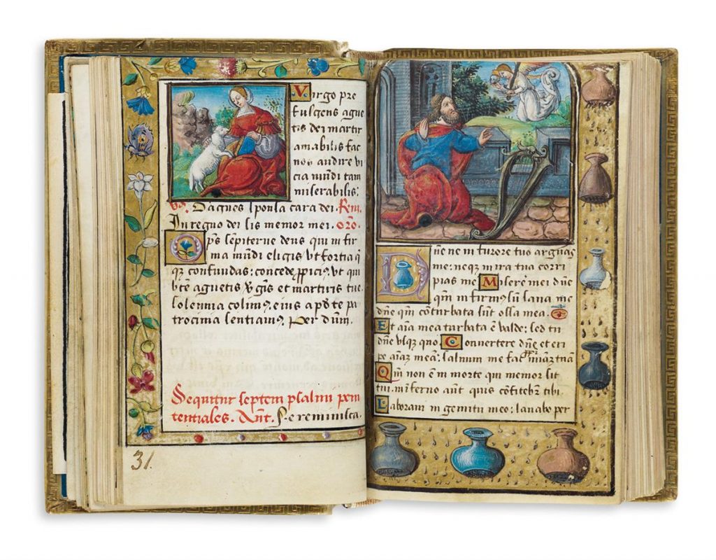 Double-page spread in an illuminated prayer book in Latin and French with illustration from the bible.