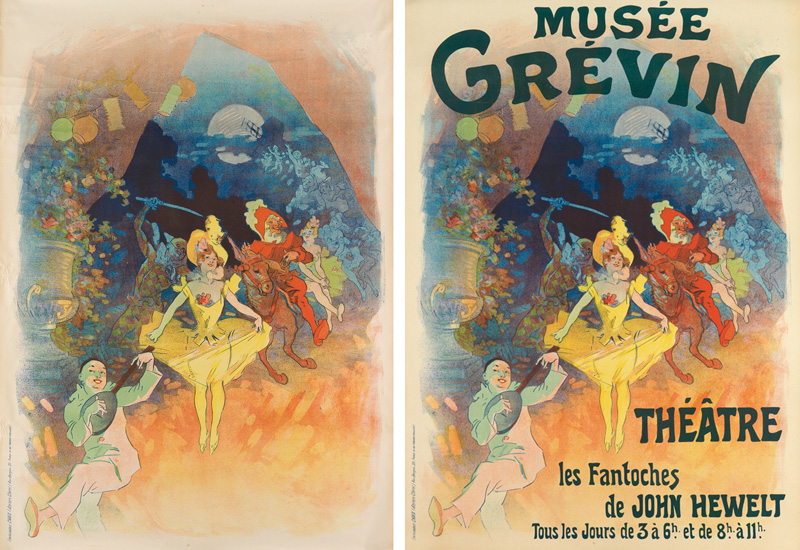 Variants of Jules Chéret's Musée Grévin / Théåtre les Fantoches de John Hewelt, 1900, with and without the text.