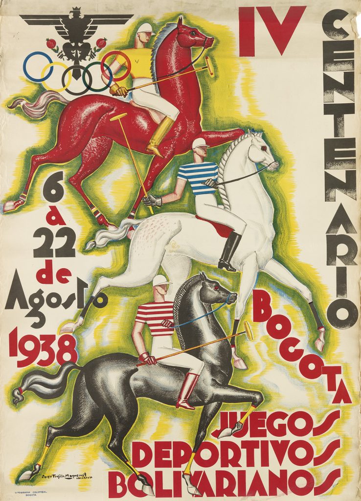 An Art Deco poster for the first Bolivarian Games in 1938 by Colombian artist Sergio Trujillo Magnenat. The work features three polo riders.