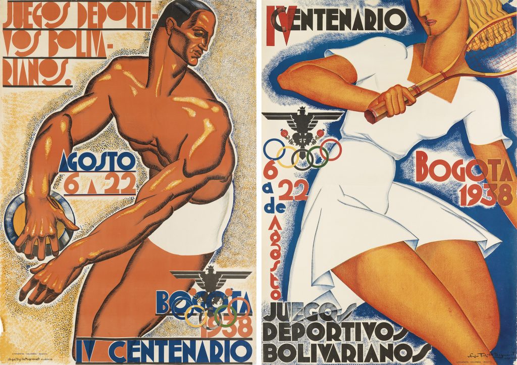 An Art Deco posters for the first Bolivarian Games in 1938 by Colombian artist Sergio Trujillo Magnenat. The work features a male javelin thrower.