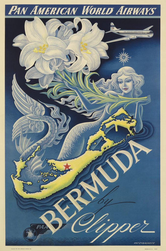 Boris Artzybasheff, Bermuda by Clipper / Pan American World Airways, advertisement for flight to Bermuda with a mermaid, 1949.