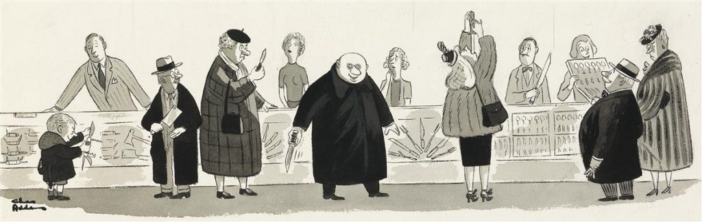 Charles Addams, watercolor, pen and ink drawing of Uncle Fester from The Addams Family shopping for knives, likely used for a sporting goods store ad.