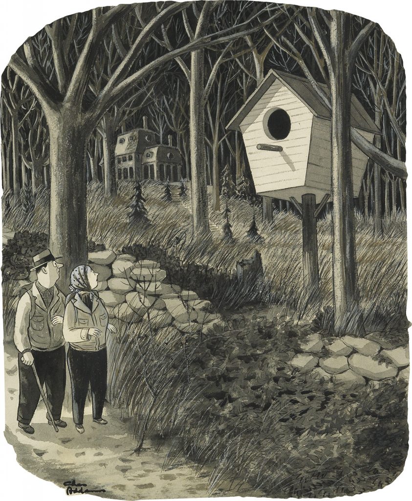 Charles Addams, watercolor, ink and wash drawing of a couple passing a giant bird house for The New Yorker, 1948.