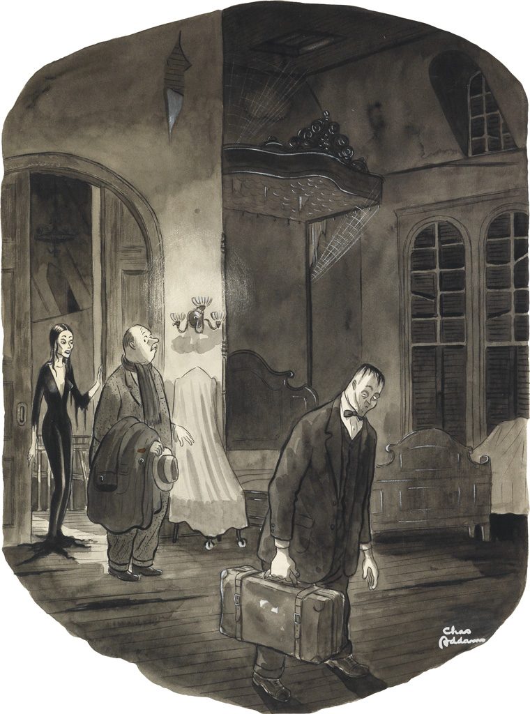 Charles Addams, watercolor, ink and wash drawing of Morticia Addams and Lurch showing a guest to their room, for the March 13, 1943 issue of The New Yorker.