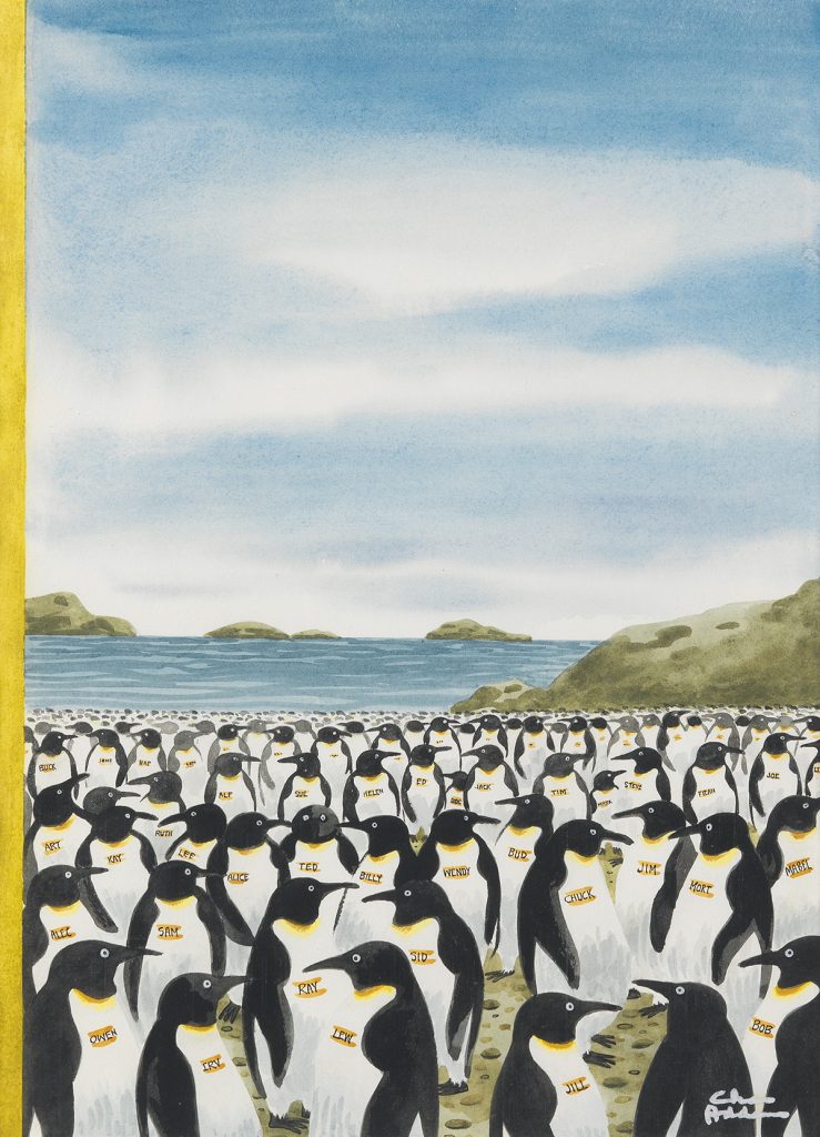 Charles Addams, Penguin Convention, watercolor and correction fluid drawing for the cover of The New Yorker featuring a colony of penguins, 1977.