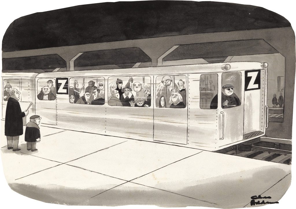 Charles Addams, watercolor, pen and ink drawing of the Z subway line featuring Uncle Fester, Wednesday Addams and Grandmama from The Addams Family, 1979.