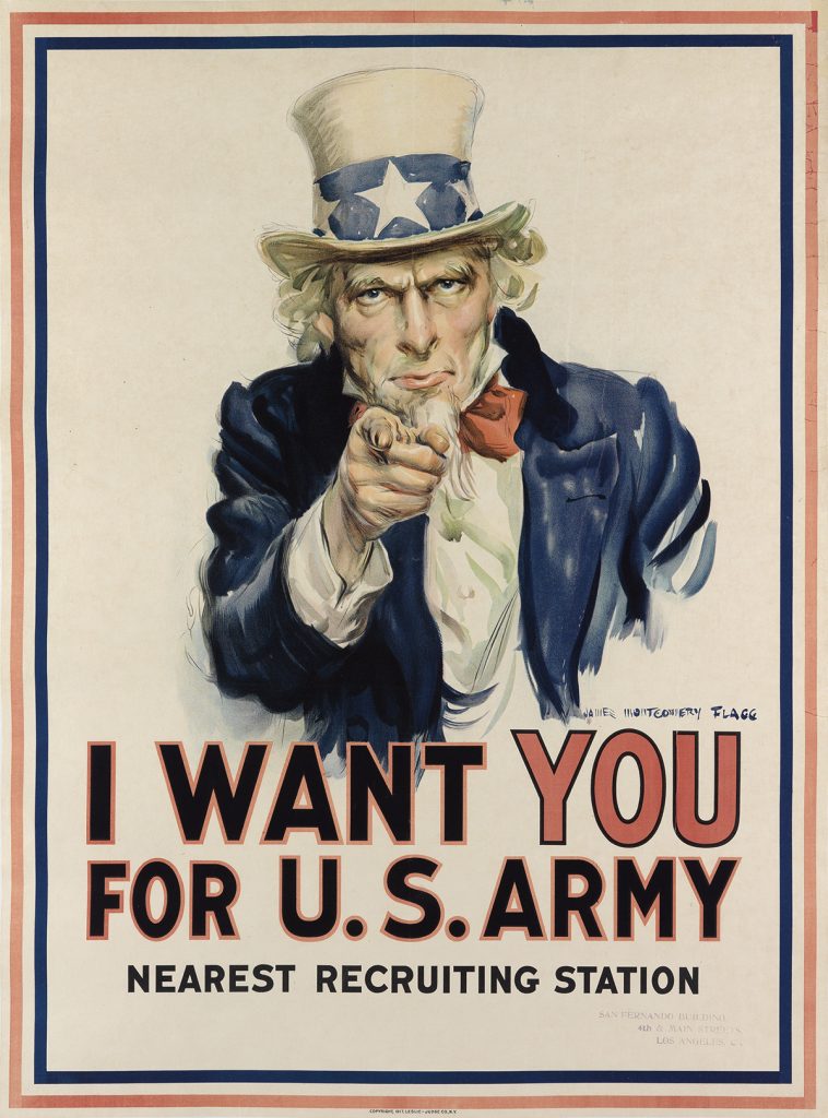 James Montgomery Flagg, I Want You For U.S. Army, with Uncle Sam pointing, 1917.
