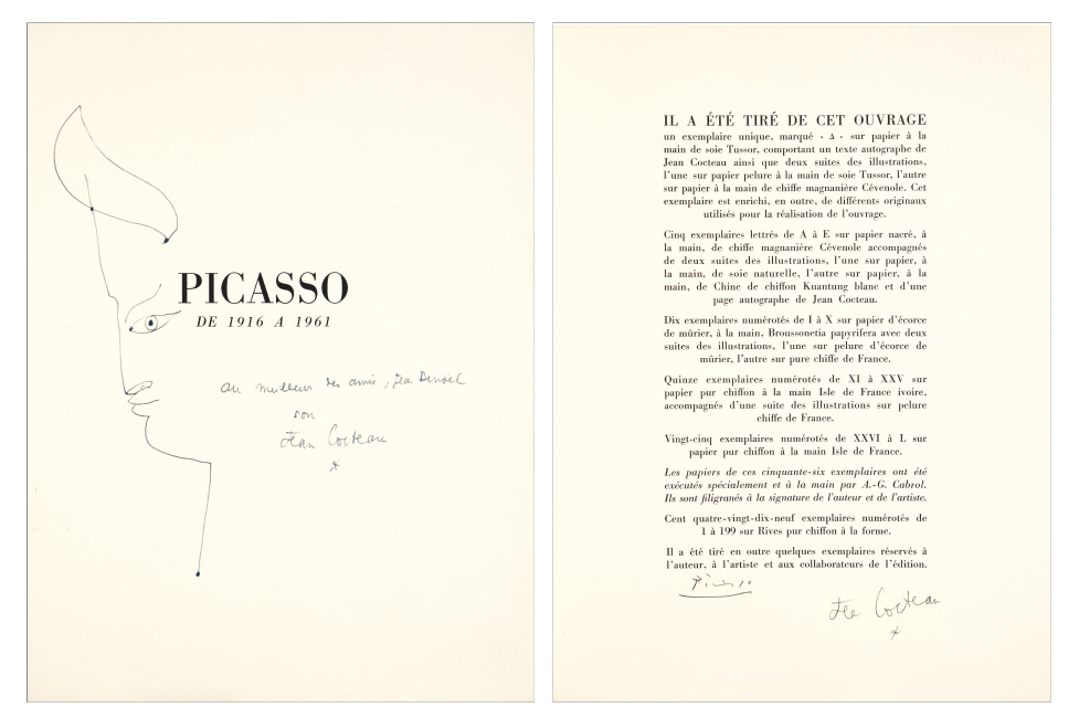   Jean Cocteau, Picasso de 1916 à 1961, illustrated with 24 lithographs by Picasso, 80th birthday tribute to Picasso signed by both, Monaco, 1962. $6,000 to $9,000.  