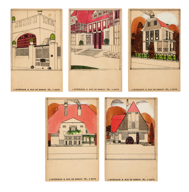 Léon Sneyers, group of 15 publicity postcards from l’Interieur, gouache and watercolor over printed background, circa 1910. $3,500 to $5,000.
 