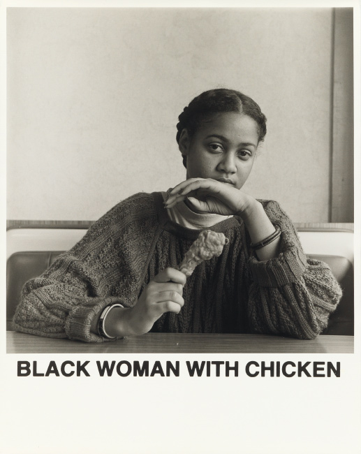 Lot 137: Carrie Mae Weems, Black Woman with Chicken, silver gelatin print with printed text, 1987. $15,000 to $25,000.