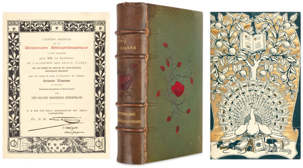 Octave Uzanne, Dictionnaire Bibliophilosophique, first edition, author’s own copy, containing the autograph manuscript of the introduction, signed, Paris, 1896. $3,000 to $4,000. 