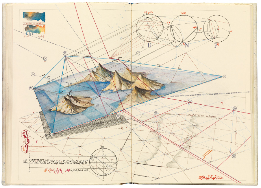 open book with watercolor topographic diagrams and symbols