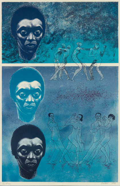 Lot 127: Elizabeth Catlett, Blues, color offset lithograph, 1983. $4,000 to $6,000.