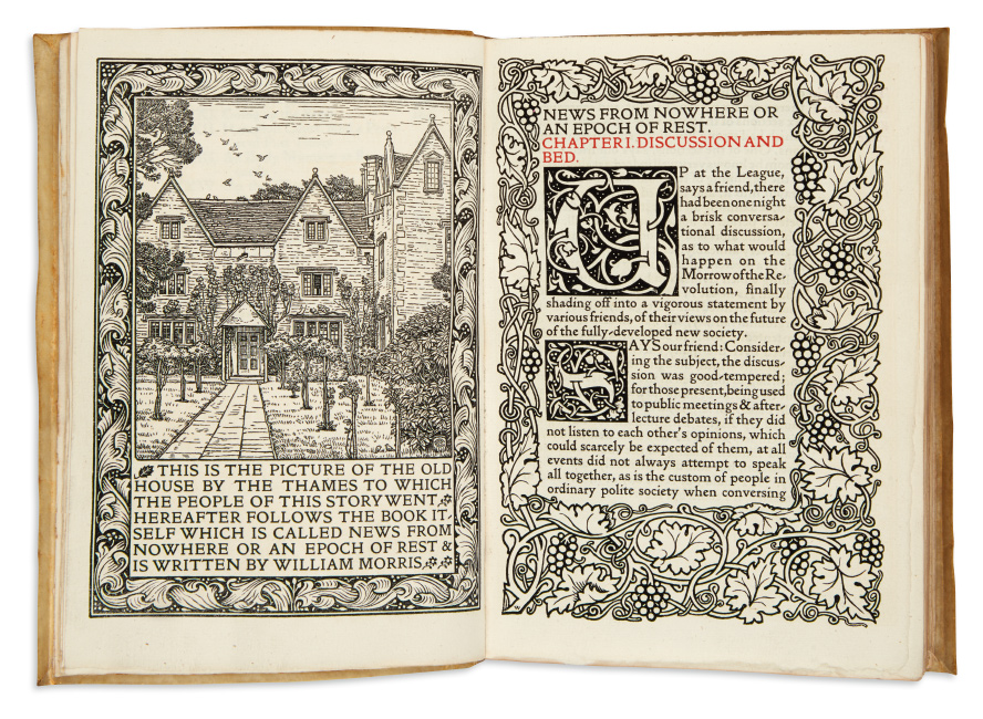 William Morris, News from Nowhere: or, an Epoch of Rest, Being Some Chapters from a Utopian Romance, Kelmscott Press, 1892. $2,000 to $3,000. 