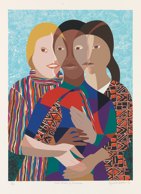 Lot 140: Elizabeth Catlett, Three Women of America, color screenprint, 1990. $3,000 to $5,000.