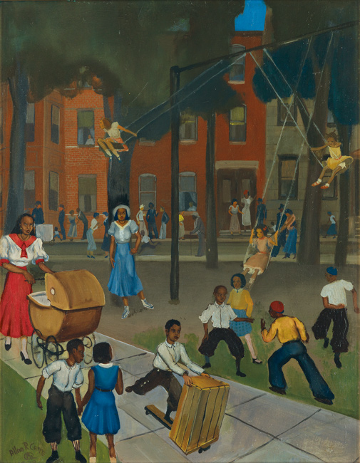 Allan Rohan Crite, Play at Dark (Westminster Street, Madison Park), oil on canvas board, 1935. 