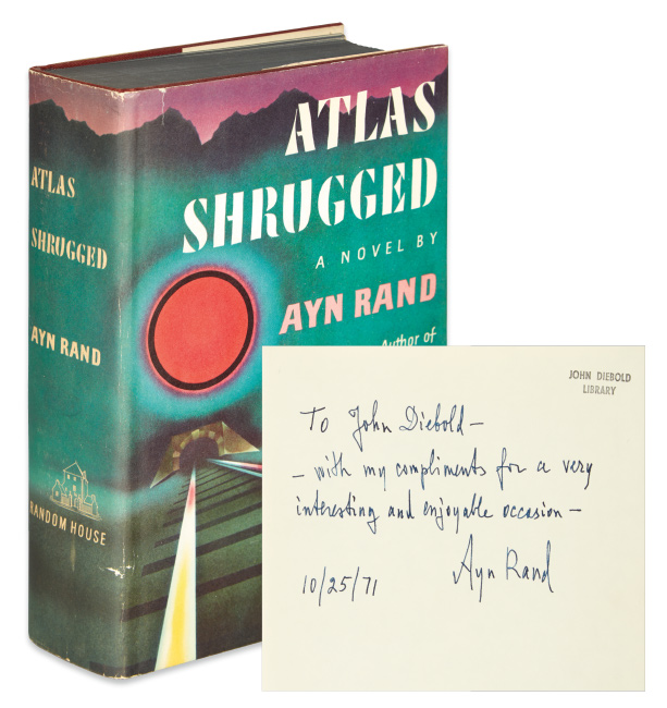 Ayn Rand, Atlas Shrugged, first edition, signed, inscribed to  John Diebold of information & technology firm The Diebold Group, New  York, 1957.