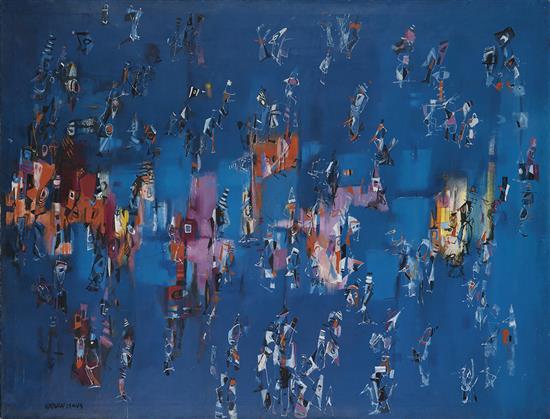 Norman Lewis, Untitled, blue abstract oil on canvas with swatches of red, purple and yellow, circa 1957.