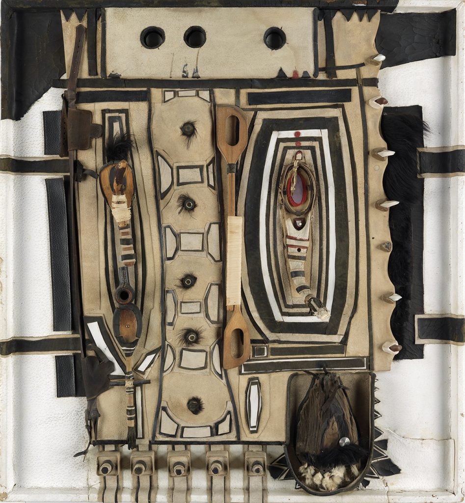 Noah Purifoy, Untitled (Zulu series), mixed-media assemblage with leather, felt, suede, fur, wood & various found objects, 1970-71. 