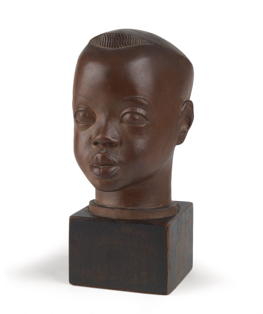 Sargent Johnson, Head of a Negro Boy, painted terra cotta with a wood base, circa 1934. 