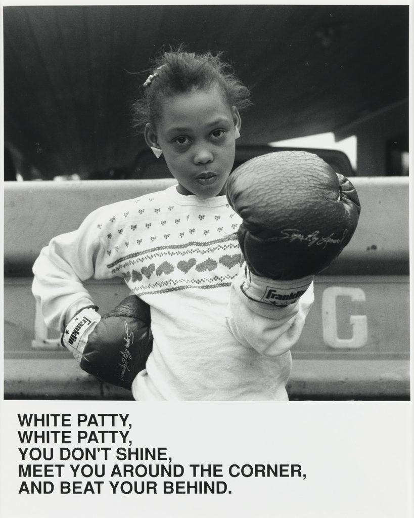 Lot 136: Carrie Mae Weems, White Patty, White Patty, You Don’t Shine, Meet You Around the Corner, And Beat Your Behind, silver gelatin print with printed text, 1987. $20,000 to $30,000.