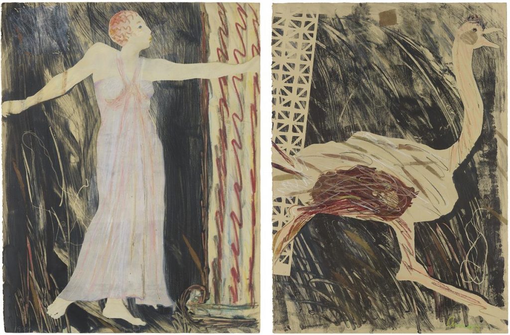 Lot 126: Emma Amos, Josephine and the Ostrich, diptych of color monotype, stencil and color pastels with collage, 1984. $20,000 to $30,000.