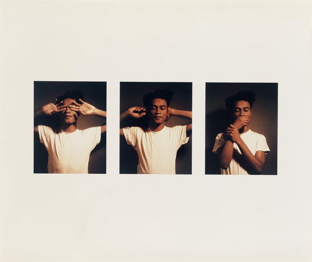 Carrie Mae Weems, See No Evil, Hear No Evil, Speak No Evil, three color chromogenic prints of a young man covering his eyes, hears and mouth, 1995.