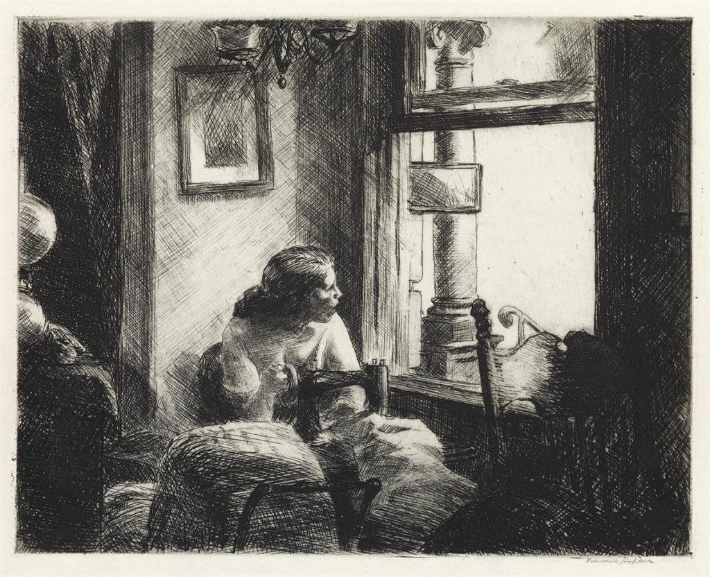 Edward Hopper, East Side Interior, black and white etching of a woman sewing and looking out a window, 1922.