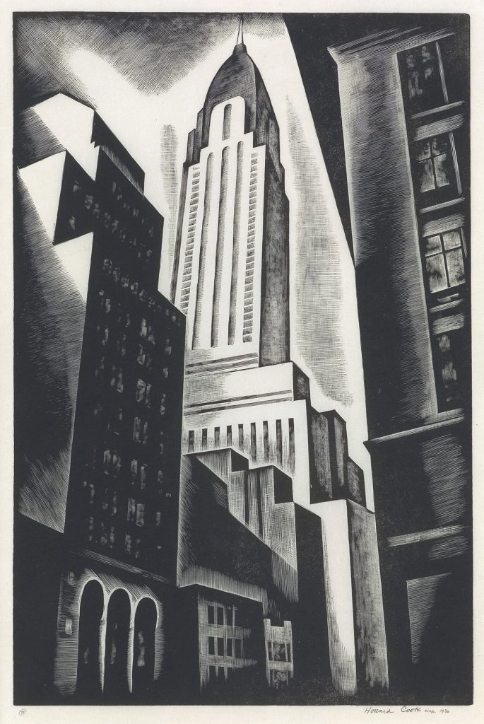 Howard Cook, Chrysler Building, black and white wood engraving of the Chrysler building, 1930.